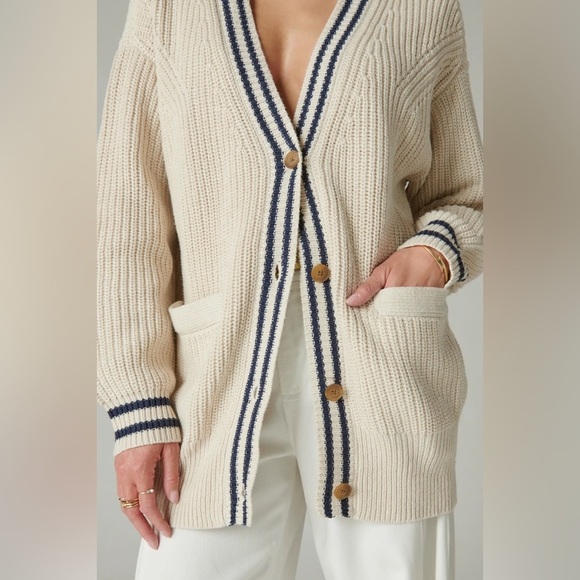 Lucky Brand Women's Medium Straw Heather Textured Stripe Varsity Sweater Relaxed - Picture 7 of 14